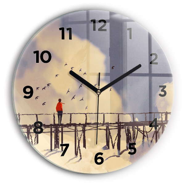Round glass wall clock Man on the old bridge