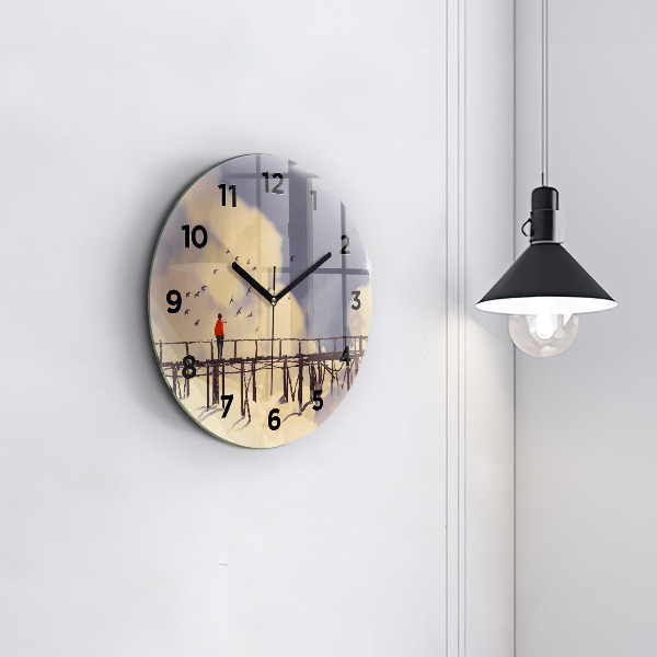 Round glass wall clock Man on the old bridge