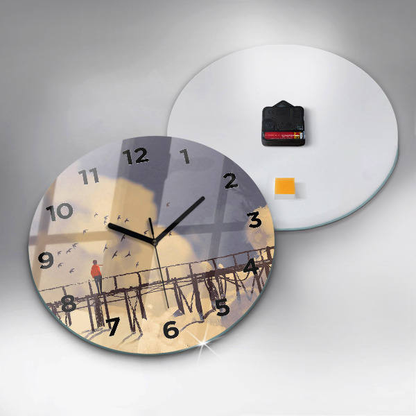 Round glass wall clock Man on the old bridge