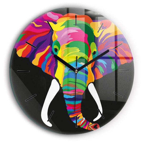 Round glass wall clock Colorful elephant