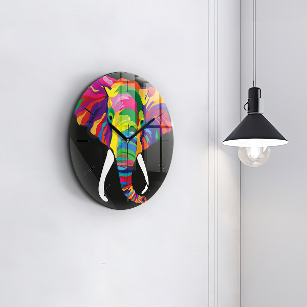 Round glass wall clock Colorful elephant