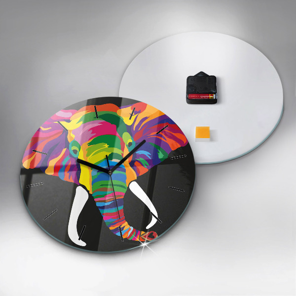 Round glass wall clock Colorful elephant
