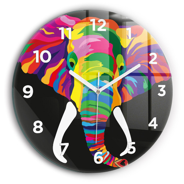 Round glass wall clock Colorful elephant