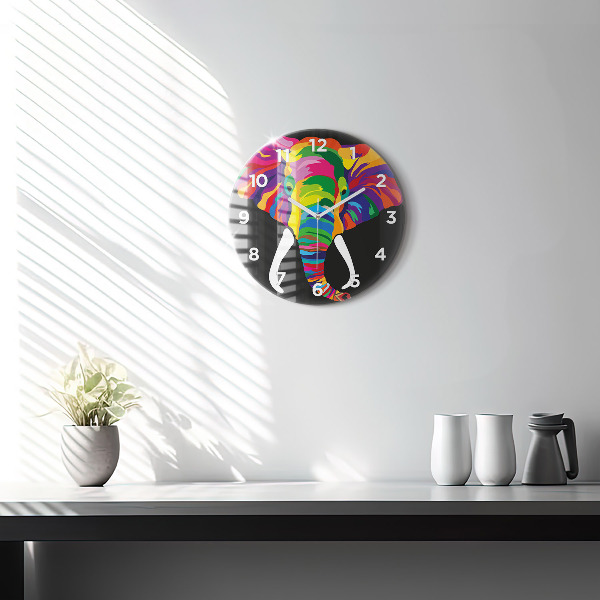 Round glass wall clock Colorful elephant