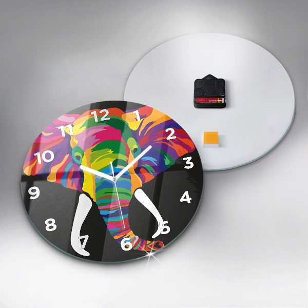 Round glass wall clock Colorful elephant