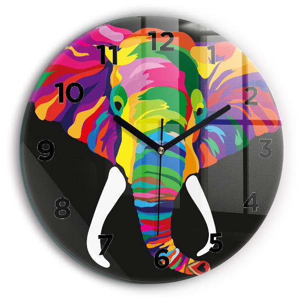 Round glass wall clock Colorful elephant
