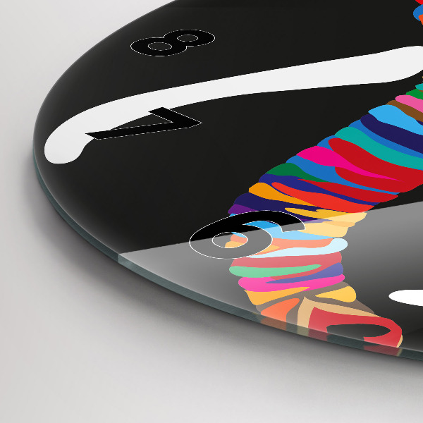 Round glass wall clock Colorful elephant