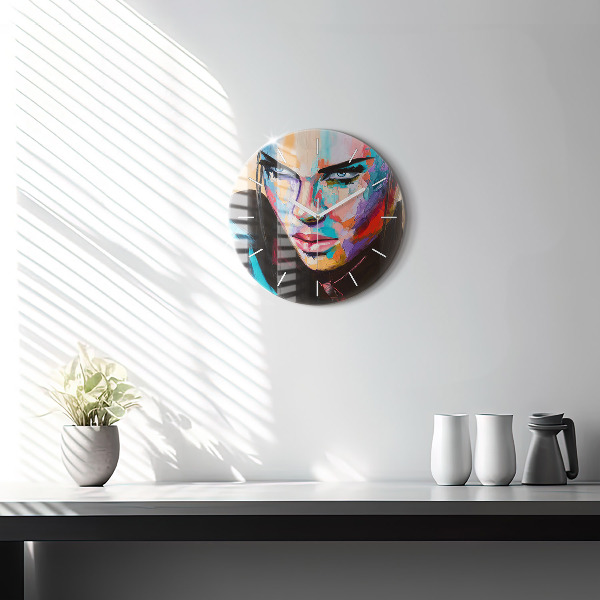 Round glass wall clock Portrait of a woman
