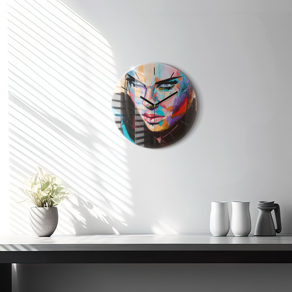 Round glass wall clock Portrait of a woman