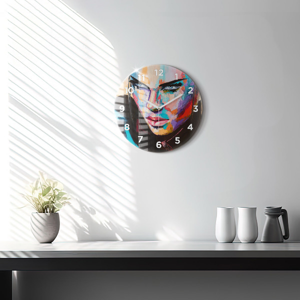 Round glass wall clock Portrait of a woman