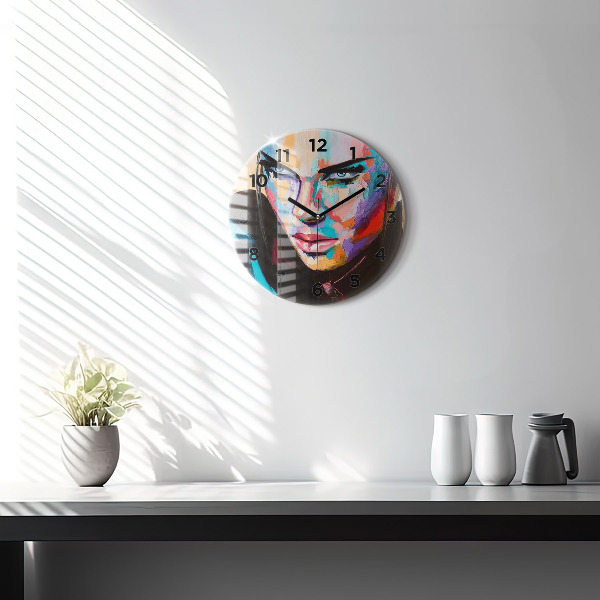 Round glass wall clock Portrait of a woman