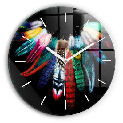 Round glass wall clock Colorful bird feathers