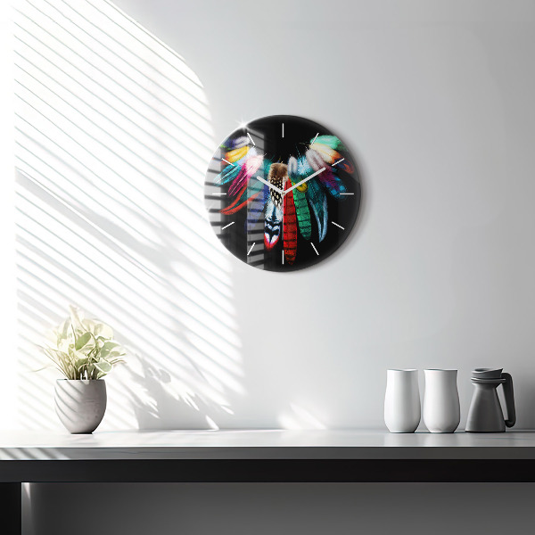 Round glass wall clock Colorful bird feathers