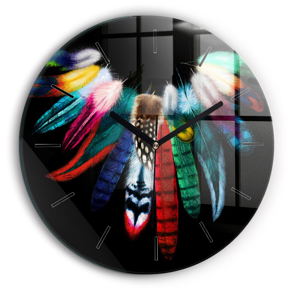 Round glass wall clock Colorful bird feathers