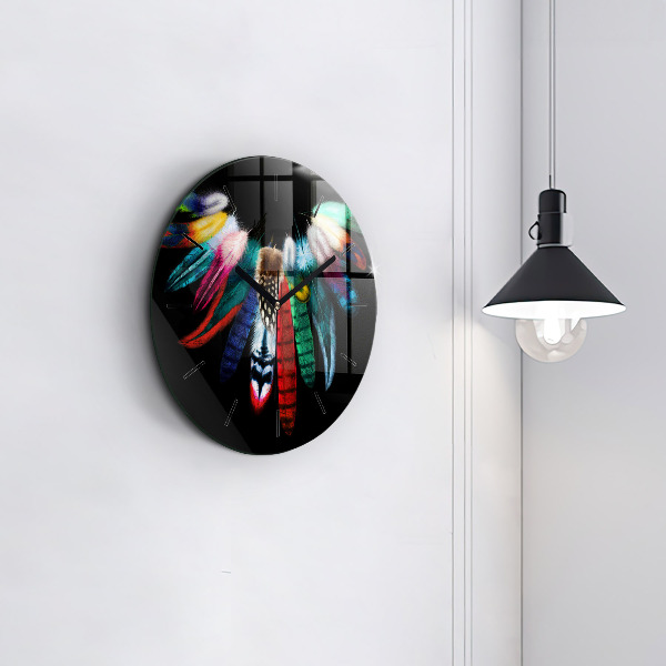 Round glass wall clock Colorful bird feathers