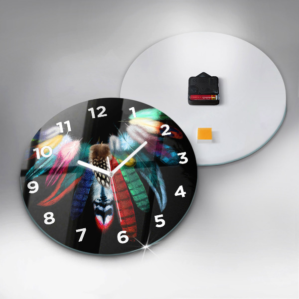 Round glass wall clock Colorful bird feathers