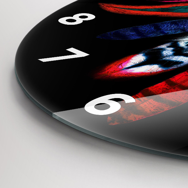 Round glass wall clock Colorful bird feathers