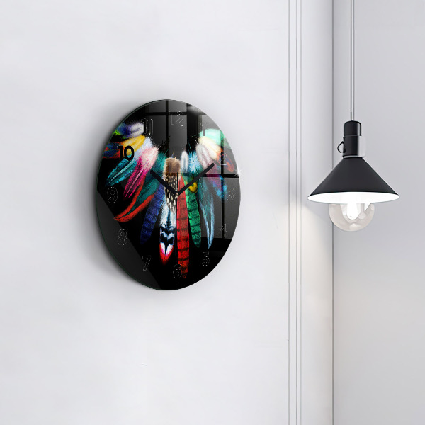 Round glass wall clock Colorful bird feathers