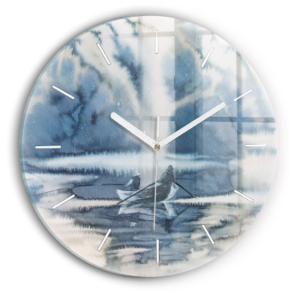 Round glass wall clock Fisherman on the lake