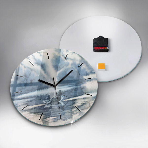 Round glass wall clock Fisherman on the lake