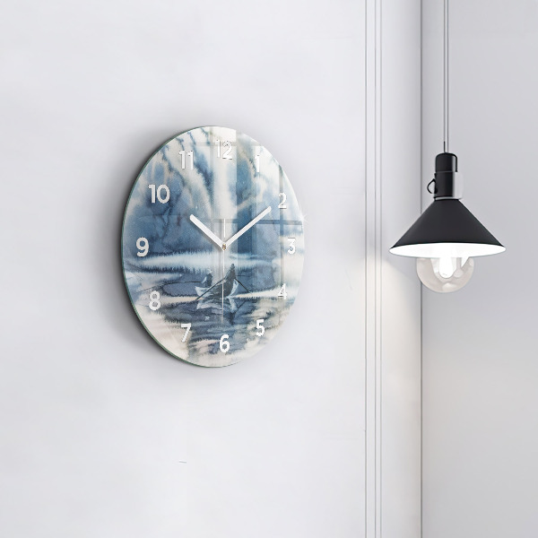 Round glass wall clock Fisherman on the lake