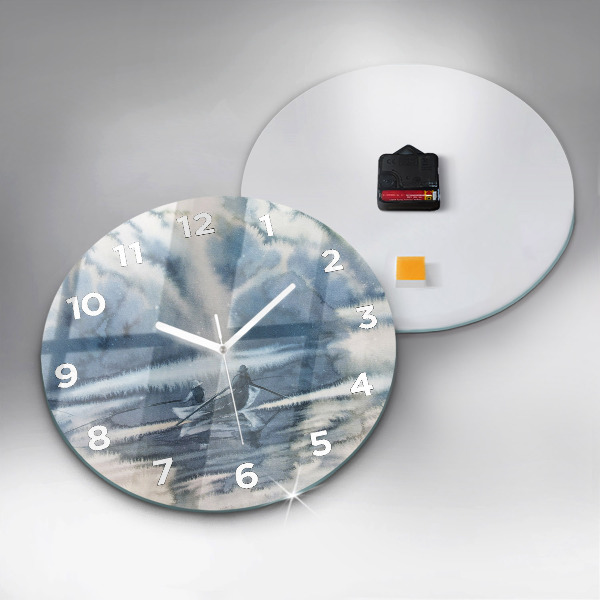 Round glass wall clock Fisherman on the lake