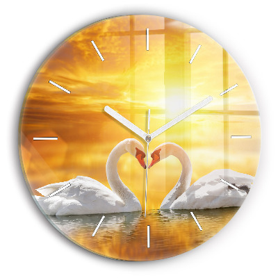 Round glass wall clock Swans in Love