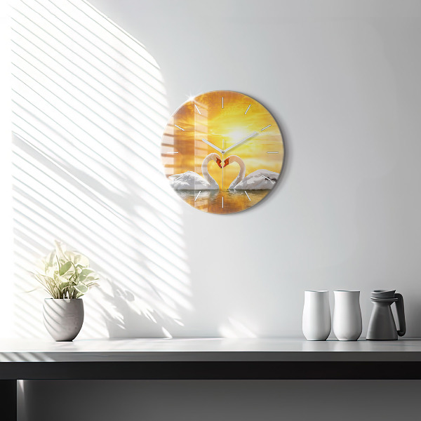 Round glass wall clock Swans in Love