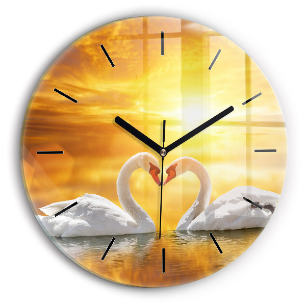 Round glass wall clock Swans in Love