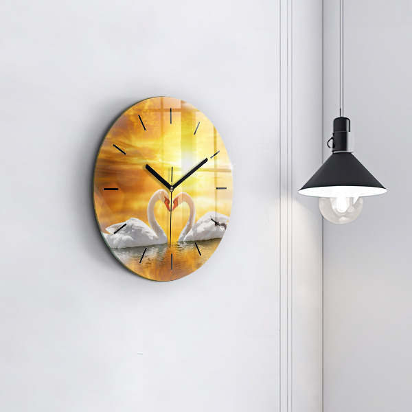Round glass wall clock Swans in Love