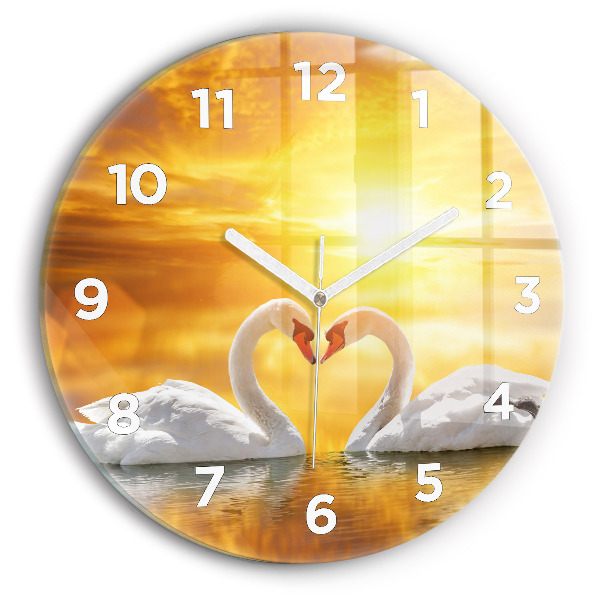 Round glass wall clock Swans in Love