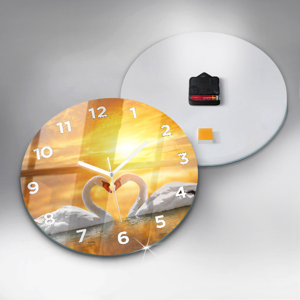 Round glass wall clock Swans in Love