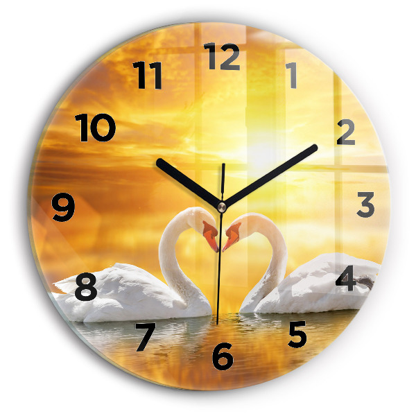 Round glass wall clock Swans in Love