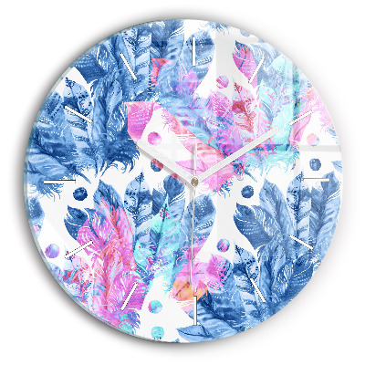 Round glass wall clock Colorful feathers