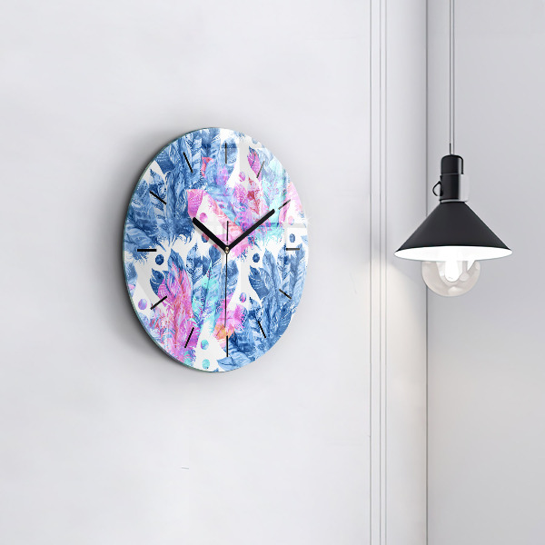 Round glass wall clock Colorful feathers