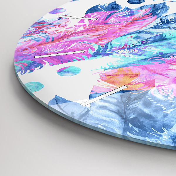 Round glass wall clock Colorful feathers