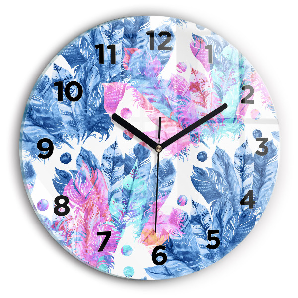 Round glass wall clock Colorful feathers
