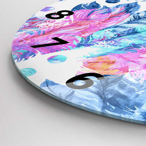 Round glass wall clock Colorful feathers