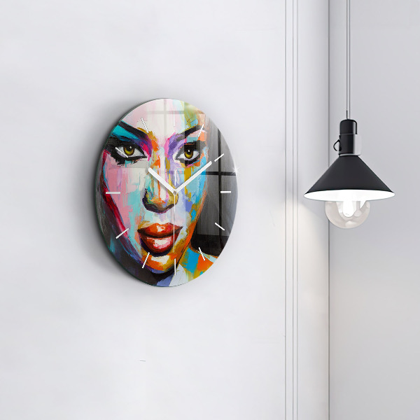 Round glass wall clock Colorful woman's face