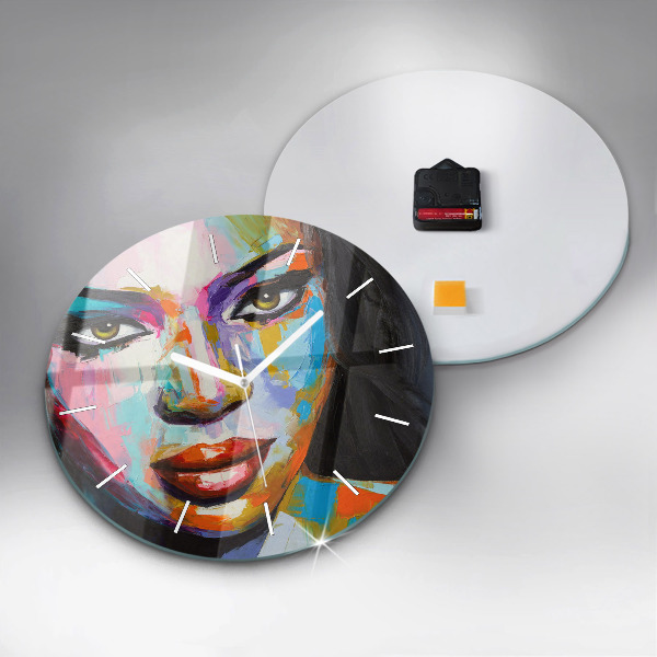 Round glass wall clock Colorful woman's face