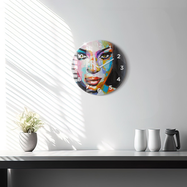 Round glass wall clock Colorful woman's face