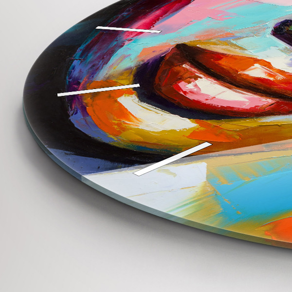 Round glass wall clock Colorful woman's face