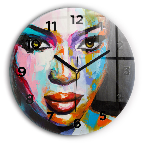 Round glass wall clock Colorful woman's face