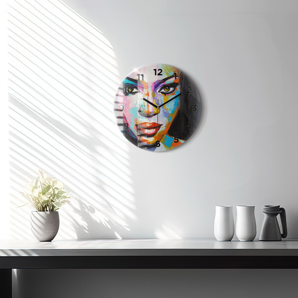 Round glass wall clock Colorful woman's face