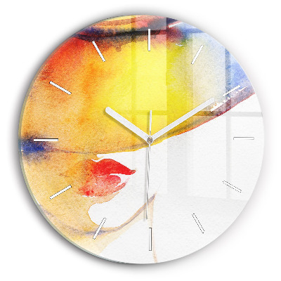 Round glass wall clock Woman in a hat