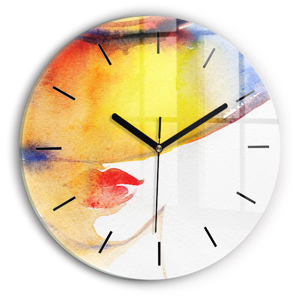 Round glass wall clock Woman in a hat