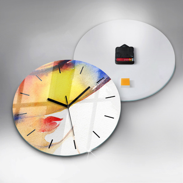 Round glass wall clock Woman in a hat