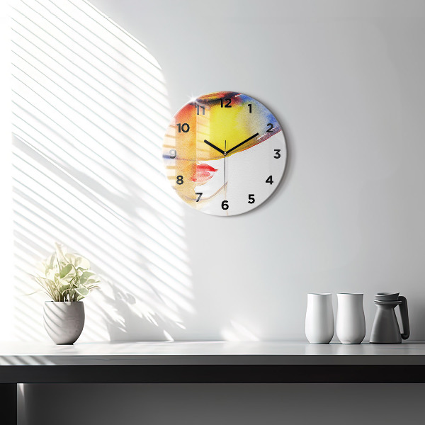 Round glass wall clock Woman in a hat