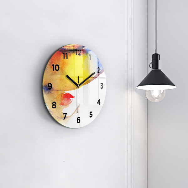 Round glass wall clock Woman in a hat