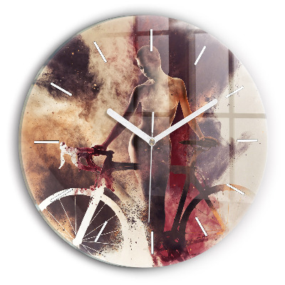 Round glass wall clock Woman and bike